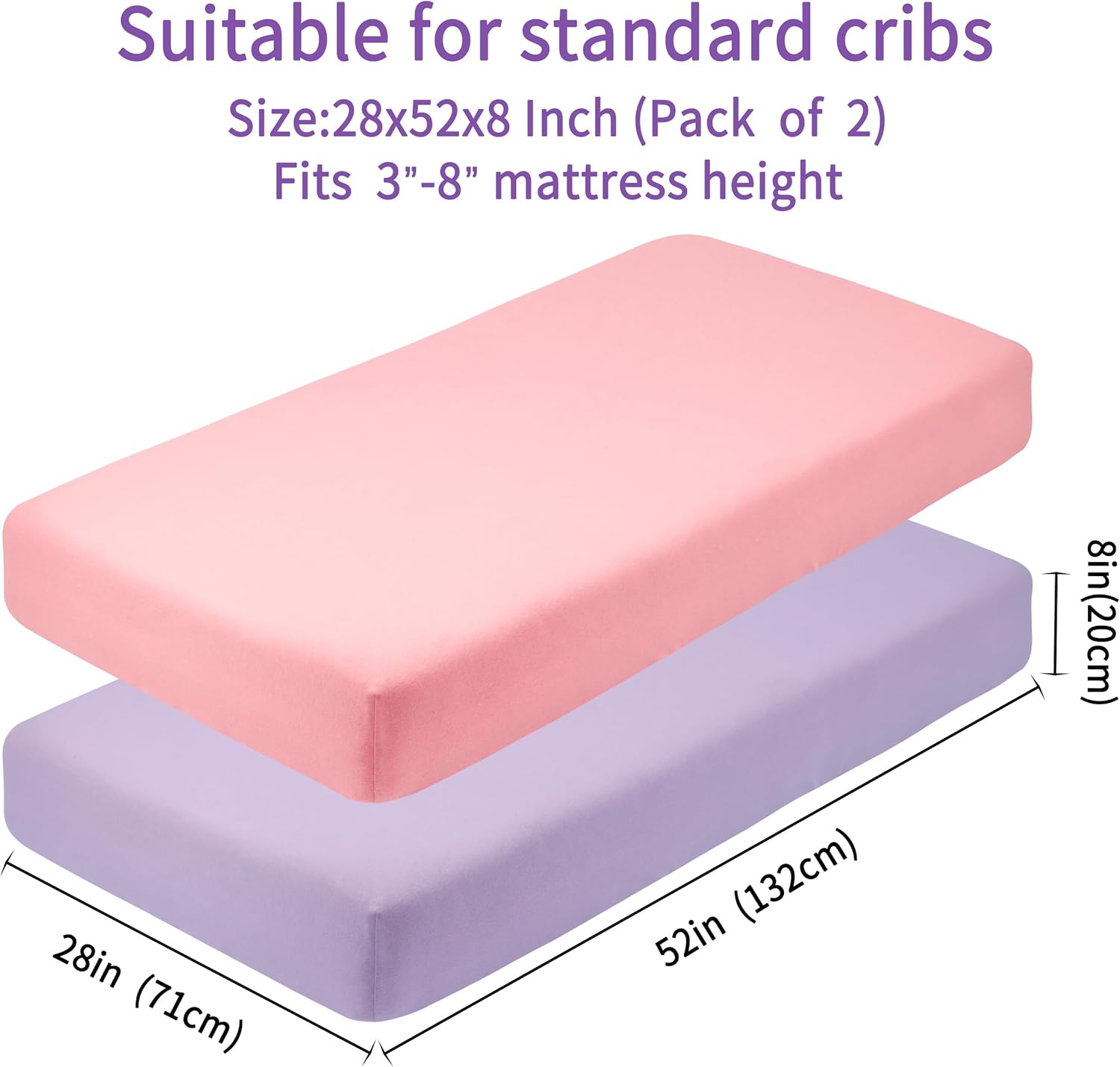 Crib Sheets for Boys Girls,100% Cotton Fitted Crib Sheet 2 Pack for Standard Crib and Toddler Mattress, Super Soft Breathable Baby Sheet 28x52x8in (Purple & Pink)