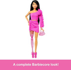 Barbie Deluxe Style Doll #2 in Barbiecore Outfit, Black Hair and Glittery Prosthetic Leg, Pink Top and Skirt Set with Rosette Detail and Accessories