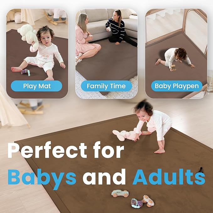 1.3" Thick Baby Play Mat for Floor Playpen, 50x50 Foam Tummy Time Mat, Padded Support Soft Plush Nursery Rug for Infant Kids Toddler Crawling Kick Activity (Chocolate Brown)