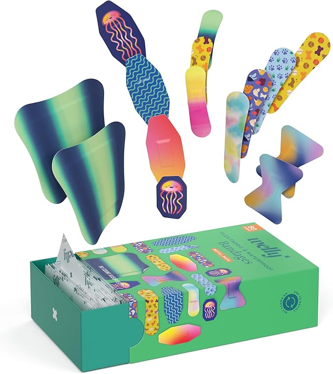 Welly Bandage Family Pack | Adhesive Flexible Fabric & Waterproof Bandages | Assorted Shapes and Patterns for Minor Cuts, Scrapes, and Wounds - 80 Count