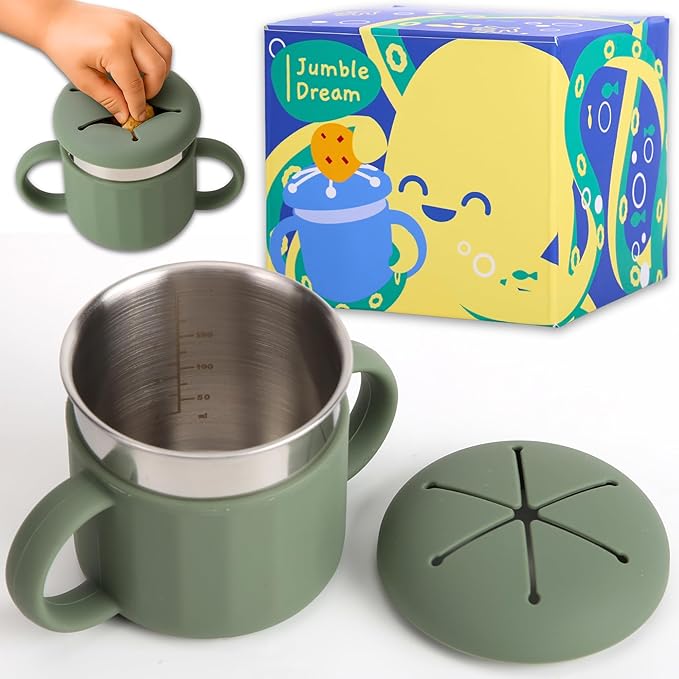 Jumble Dream Stainless Steel Baby Snack Cup for Toddlers Kids – Spill-Proof Silicone Snack Container – BPA-Free Non-Toxic Dishwasher Safe Food-Grade Stainless Steel for Baby Snacks 6m+ to 3+ Years
