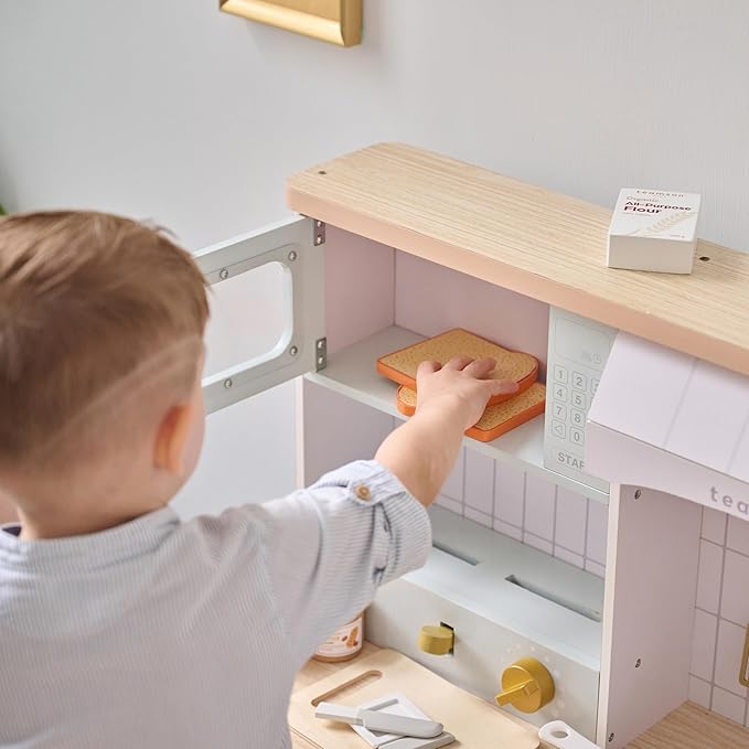 Teamson Kids Little Chef Savannah Wooden Montessori Pretend Play Kitchen for Toddlers Kids Ages 3+ Modular Three-Piece Set with Sink Cart Stove & Fridge for Boys and Girls Playset, Green