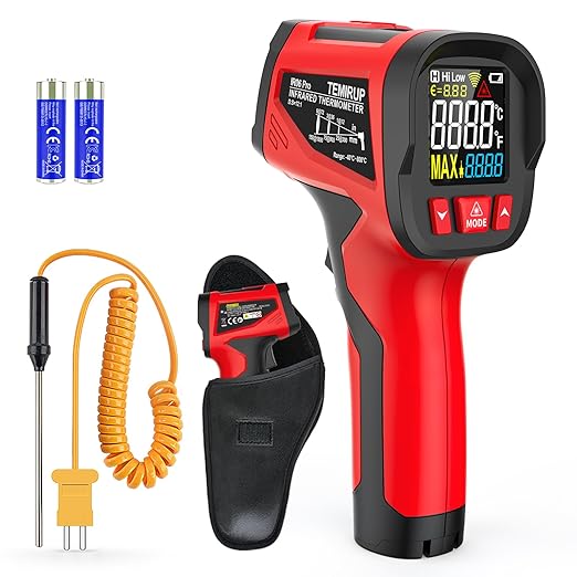 Infrared Thermometer Temperature Gun, TEMIRUP Digital Laser Temperature Gun with Probe for Cooking, Pizza Ovens, Griddles, Meat, HVAC, Non-Contact IR Temp Gun with Adjustable Emissivity, -40°F~1472℉