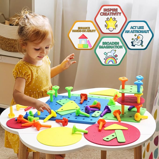 Peg Board Toy set 73Pcs DIY Building Stacking Toys for Kids 3-6 Years Old,STEM Educational Kids Toy for Brain Development,Montessori Sensory Toys,Upgrade Various Foam Board Plastic Lacing String Game