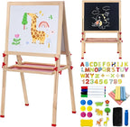 Foldable Kids Painting Easel Double Sided Chalkboard & Magnetic Whiteboard Wooden Art Easel Adjustable Height with Accessories Gift for Toddlers and Kids Ages 3-8