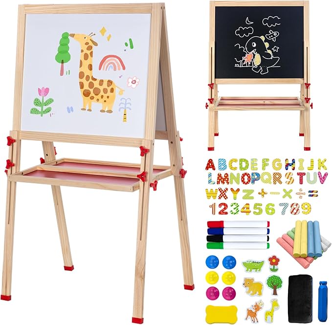 Foldable Kids Painting Easel Double Sided Chalkboard & Magnetic Whiteboard Wooden Art Easel Adjustable Height with Accessories Gift for Toddlers and Kids Ages 3-8