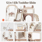 Mloong 12 in 1 Toddler Slide and Swing Set, Kids Slide for Toddlers 1-3 Years Old Baby, Indoor Outdoor with Basketball Hoop Drawing Golf for Kids Easy Assembly(Beige & Rosy Brown)(82×67×41in)