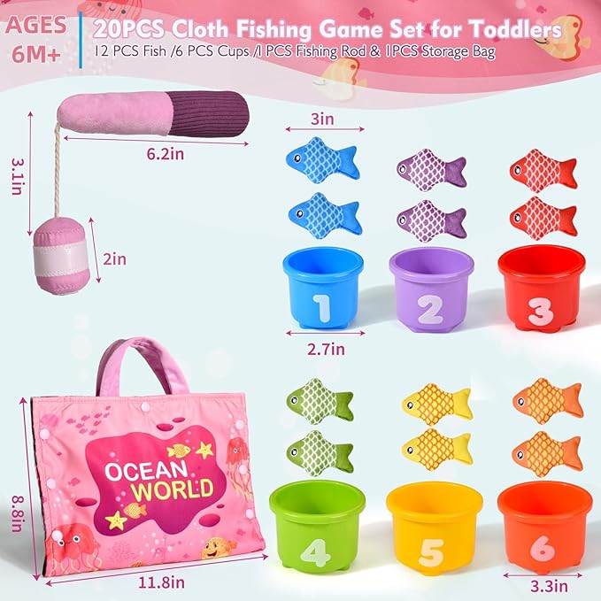 Montessori Toys for 1 Year Old - 20PCS Cloth Toddler Pink Fishing Game with Stacking Cups,Baby Color Sorting Toy 12-18 Months One Year Old Birthday Gift,Toddler Toys for 1 2 3 Year Old Boy Girl Gifts