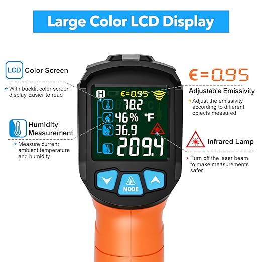 Infrared Thermometer Gun, TEMIRUP Digital Laser Temperature Gun, -58°F to 1472°F, Non Contact IR Temp Gun with Color LCD for Industrial, Cooking, Griddle, Engine, HVAC,Adjustable Emissivity & Humidity