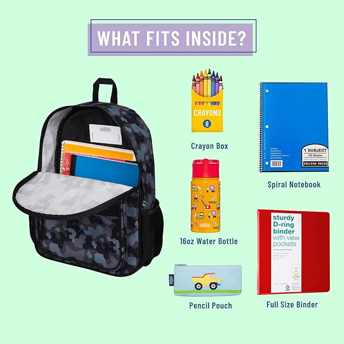 Wildkin ECO rPET Kids Backpack – Recycled, Padded, Adjustable for School & Travel – Black Camo