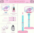 3 in 1 Basketball Hoop and Tee Ball Set for Girls: Baseball Tee with Automatic Pitching Machine Adjustable Height Outdoor and Indoor Sports Toys Christmas Birthday Gift for Kids Age 1-8 Year Old Pink