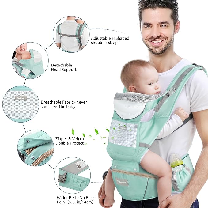 Baby Carrier with Hip Seat, Ergonomic M Position 6in1 Baby Carrier Newborn to Toddler,Head Support and Breathable Mesh Newborn Carrier,Adjustable Baby Holder Carrier for Dad&Mom-Green