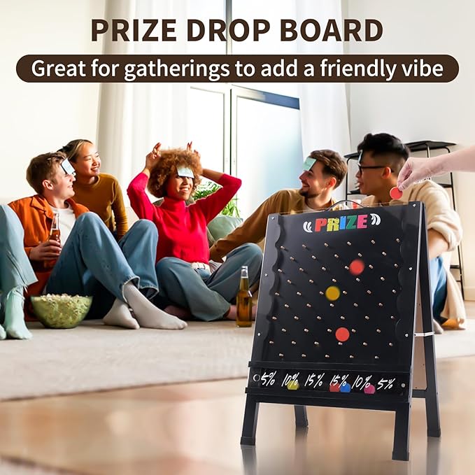 Prize Drop Game Board, 21"x30" Double-Sided Foldable Design with Wooden A-Frame Chalkboard Sign for Family, Carnival, Trade Show & Party - Includes 10 Coin Drop Discs and Chalk Set, Portable Design