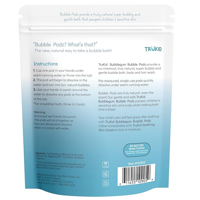 TruKid Bubble Podz Bubble Bath for Kids, Toddlers, & Babies, Tear Free Gentle & Refreshing Bath Bomb for Sensitive Skin with Natural Moisturizers, Non-Toxic, pH Balanced, Bubble Gum Scent (60 Podz)