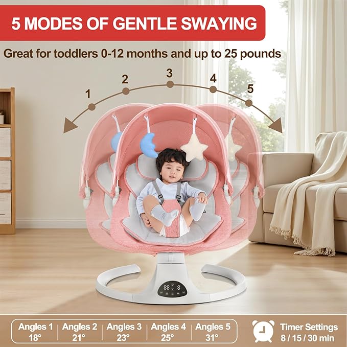 Baby Swing for Newborn to Toddler, 5 Speed Portable Infant Swing with Bluetooth Touch, Remote Control, 10 Lullabies, Timer, 5 Point Harness and Soft Fabric (Pink)