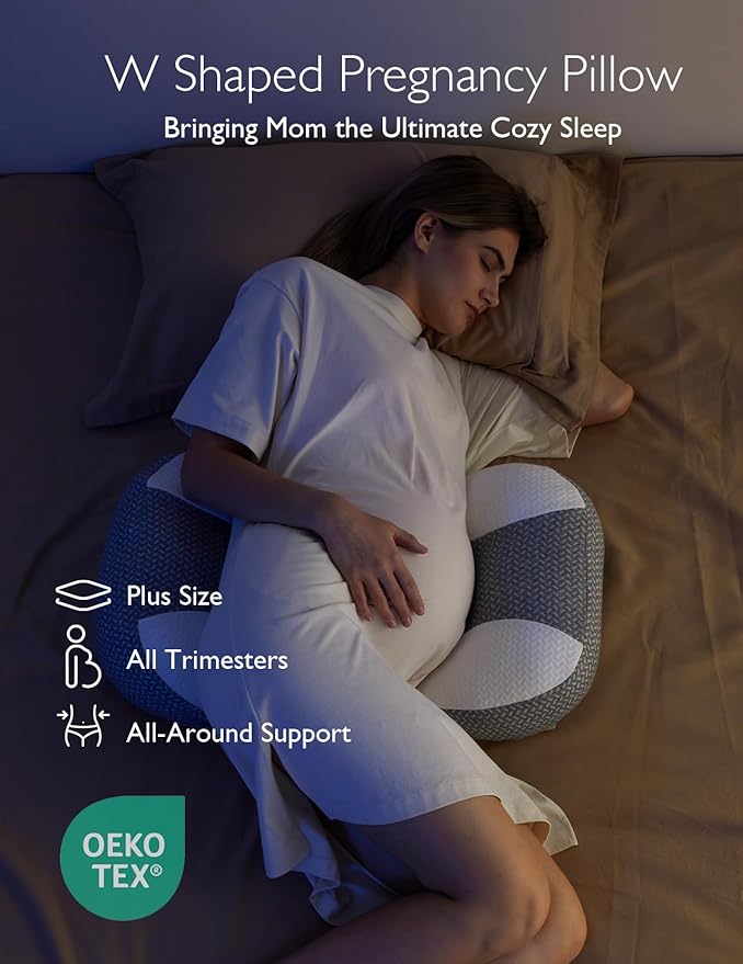 Momcozy Plus W Shaped Pregnancy Pillow for Sleeping, Adjustable Maternity Pillow for Side Sleepers, Portable Wedge Belly Support, Compact Design for Back Belly and HIPS, Grey and White