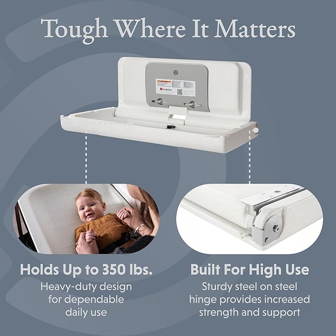 Foundations Ultra Horizontal Wall Mounted Baby Diaper Changing Station, Oversized Changing Surface, Plastic with Stainless Steel Hinge - White Granite (200-EH-03)