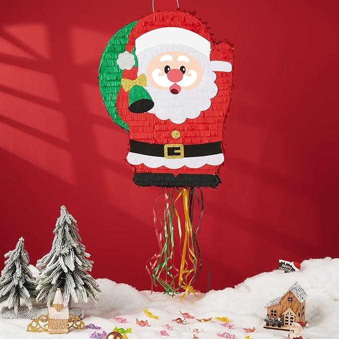 WERNNSAI Christmas Piata Large Pull String With Blindfold Bat - Cute Santa for Party Games, Red Decorations 16.5" x 12.4" - Gifts for Kids