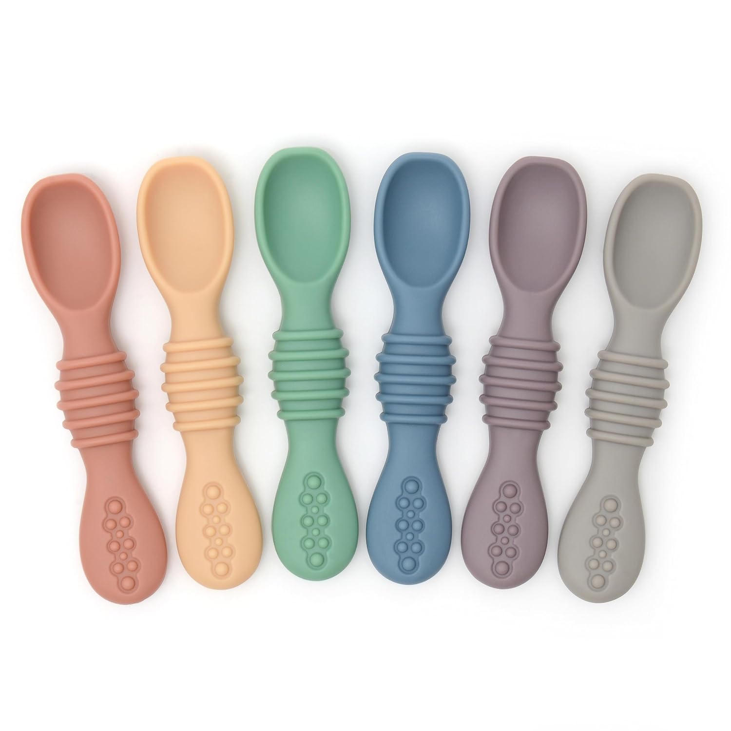 PrimaStella Silicone Chew Spoon Set for Babies and Toddlers - Safety Tested - BPA Free - Microwave, Dishwasher and Freezer Safe - Earth Shades