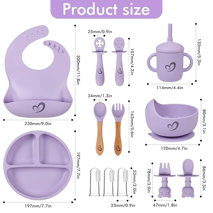 Silicone Baby Feeding Set Essentials,13 Pcs,Baby Led Weaning Supplies, Baby Spoons Suction Bowl Divided Plate Bib Cup Finger Brush,First Stage Solid Food Eating Utensils - 6 Months + (Baby Blue)