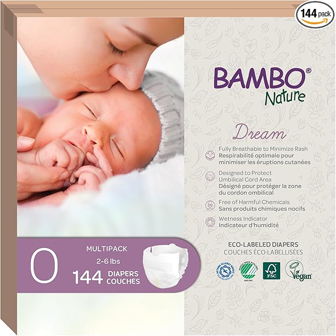 Bambo Nature Hypoallergenic Dream Baby Diapers, Premium Eco-Labeled Sustainable Diapers, Enhanced Leakage Protection, Totally Chlorine-Free, Skin Friendly, and Super Absorbent - Size 0 (144 Count)