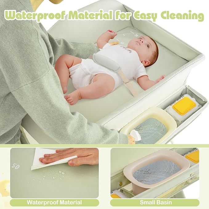 INFANS Baby Changing Table with Wheels, Portable Folding Diaper Station Nursery Organizer with Storage Basket, Hanging Rack, Adjustable Height, Safety Belt for Newborn Infant (Green)