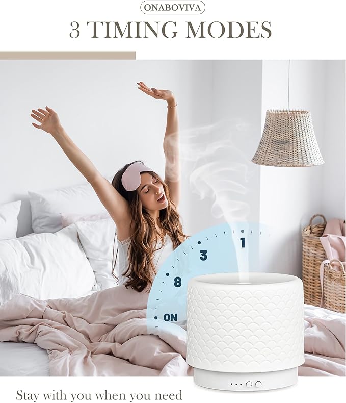 Ceramic Essential Oil Diffuser 280ml- Aromatherapy Diffuser with Ultrasonic Cool Mist Humidifier, Night Light, Timer, Auto Shut-Off, Large Room Aroma Diffuser for Home, Bedroom, Office, Yoga