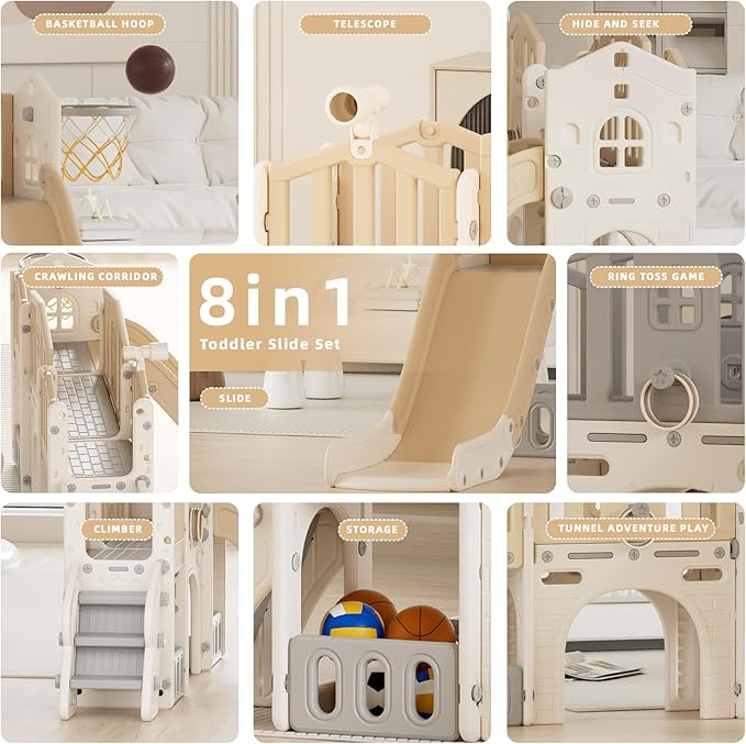 KORIMEFA 8 in 1 Toddler Slide Set, Kids Slide for Toddlers Age 1-3, Toddler Climber PlaySet with Basketball Hoop and Ball, Outdoor Indoor Kids Playground for Toddlers 1-3, Beige
