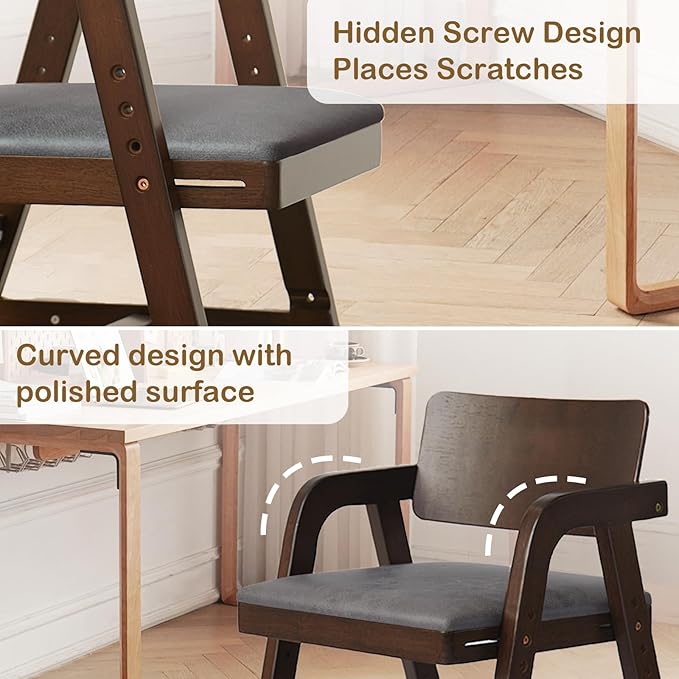 Solid Wood High Chair for Toddlers to Teens, Adjustable Height Toddler Dining Chair, Easy to Clean Toddler Highchair with Removable PU Cushion for Dining, Studying, Step Tool, Walnut