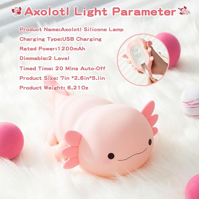 Axolotl Lamp,Cute Axolotl Night Light,Dimmable Silicone Animal Nursery Night Light,Adorable Rechargeable Squishy Novelty Bedside Touch Lamp,Baby Room Decor, Axolotl Gifts for Kids/Girls