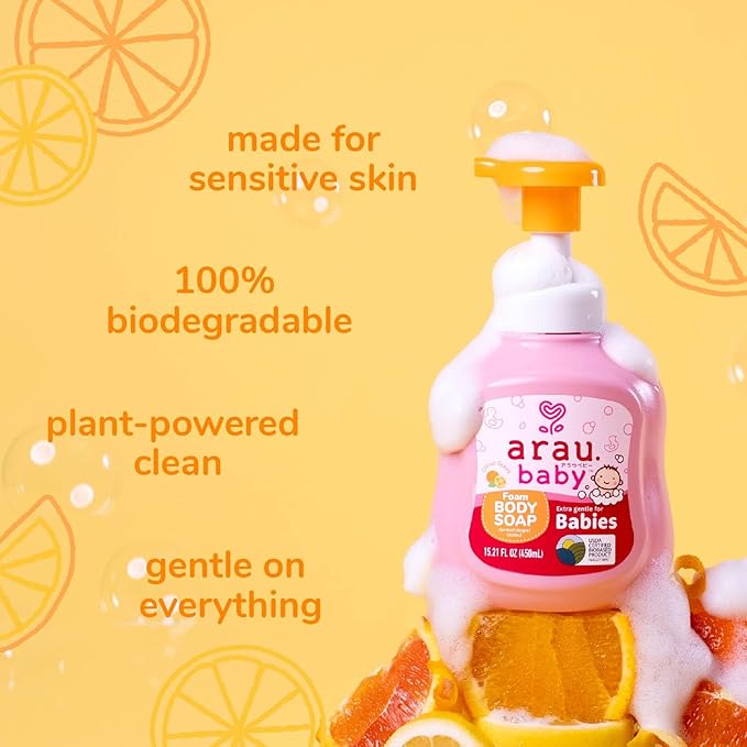 Arau Baby Foam Body Soap, Citrust Scent, Natural Plant Based Foaming Body Wash for Babies, Infants and Toddlers, Gentle on Sensitive Skin, No Artificial Fragrance or Additives, Easy Rinse, 15.21 Fl Oz