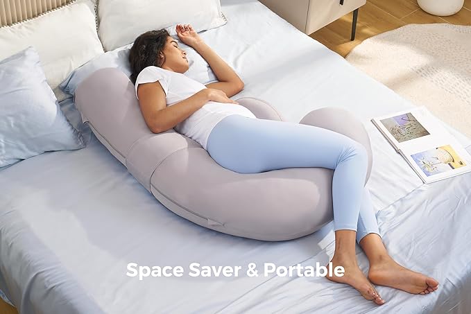 Momcozy Cooling Pregnancy Pillow,Original F Shaped Maternity Pillow for Pregnant Women with Adjustable Wedge Pillow, Full Body Support Pregnancy Pillows for Side Sleeping with Velvet Cover, Light Grey