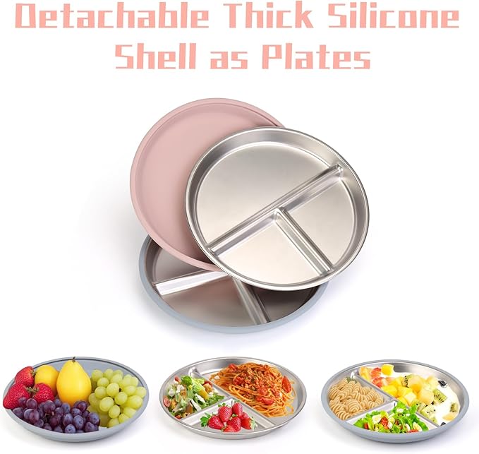 ShineMe Stainless Steel Kids Plates 2 Pack, 9”Suction Plates for Baby with Removable Colored Silicone Sleeves, Unbreakable Toddler Divided Plate Non Toxic for Snack, Meal...