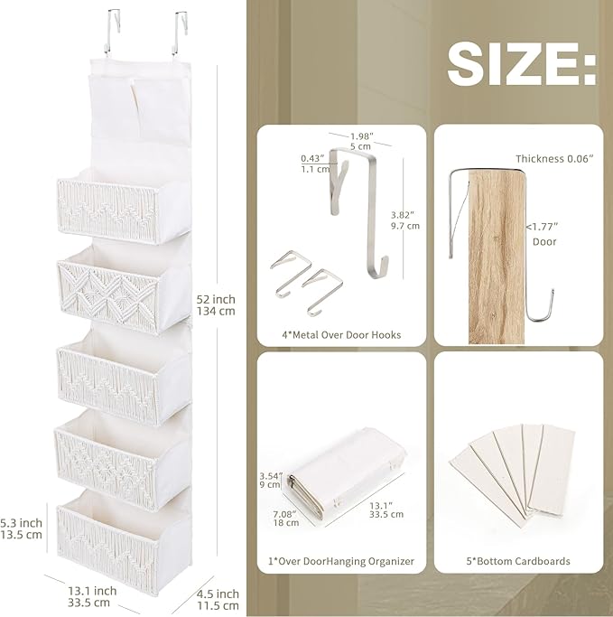 ANTIS'S HOME Over the Door Organizer Macrame Boho Nursery Storage with 5 Large Woven Pockets, Hanging Closet Basket for Bathroom or Nursery, Behind the Door Storage Organizer
