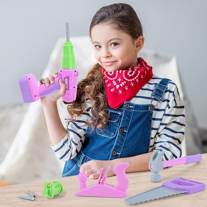 Kids Tool Set, Pink Toy Tool Set for Girls with Electric Drill, Hammer, Planer, Working Vest, Accessories and Storage Box, Construction Pretend STEM Toy Tool Kit for Toddlers Age 3 Years and Up