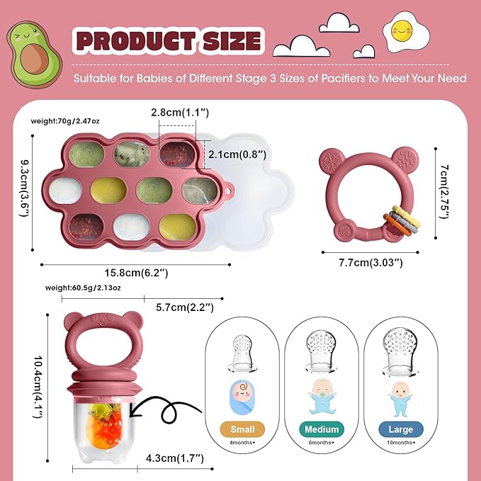 Baby Fruit Food Feeder & Breastmilk Popsicle Molds for Teething Relief, Baby Feeding Sets, 1 Freezer Tray with Lid & 1 Teether Toy & 1 Silicone Teething Pacifier Feeder, Extra Food Pouches (Red)