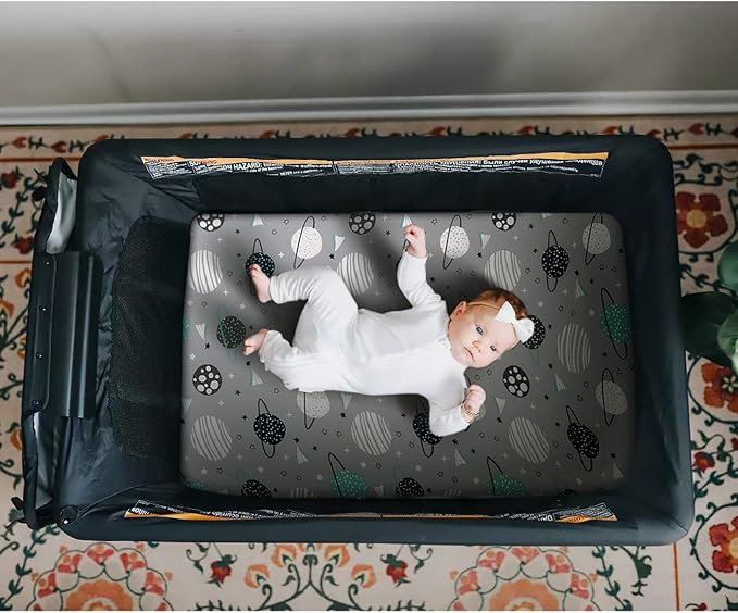 Pack n Play Stretchy Fitted Playard Sheet Set BROLEX 2 Pack Portable Mini Crib Sheets,Convertible Playard Mattress Cover,Ultra Soft Material，Space Planet