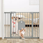 Babelio Auto Close Baby Gate with Small Cat Door, 29-43" Metal Cat Gate for Doorway, Stairs, House, Easy Walk Thru Dog Gate with pet Door, Includes 4 Wall Cups and 3 Extension Pieces, Gray