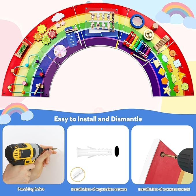 Activity Wall Busy Board for Toddlers: Montessori Sensory Toys- Sensory Wall Panel for Kids Playroom Daycare Learning Center Rainbow