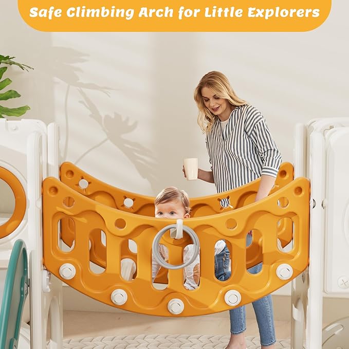 KORIMEFA 11 in 1 Toddler Slide and Swing Set, Kids Slide for Toddlers, Outdoor Indoor Playground for Toddlers 1-3, Toddler PlaySet with Basketball Hoop and Ball Golf Set, Climbing Arch(Yellow & Green)