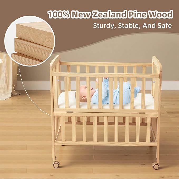 Baby Bassinets Bedside Sleeper - Portable Pine Wood Bedside Bassinet,6 Heights Small Mini Crib with Mattress,Space-Saving Design Baby Crib for Newborns 0-12 Months,Unpainted