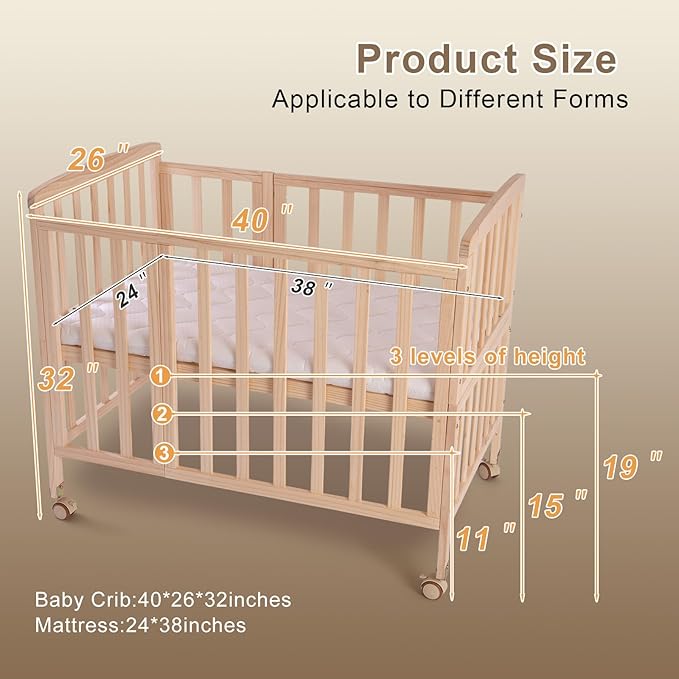 Baby Bassinets Bedside Sleeper - Portable Pine Wood Bedside Bassinet with Mattress,3 Heights Small Mini Crib,Baby Crib for Newborns,Unpainted