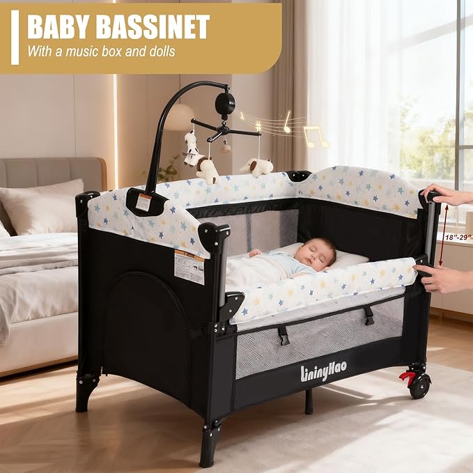 4 in 1 Height Adjustable Baby Playard, Foldable Nursery Center with Music Box Toy Rack, Side Storage, Changing Table, Large Portable Playpen for Newborns and Toddlers