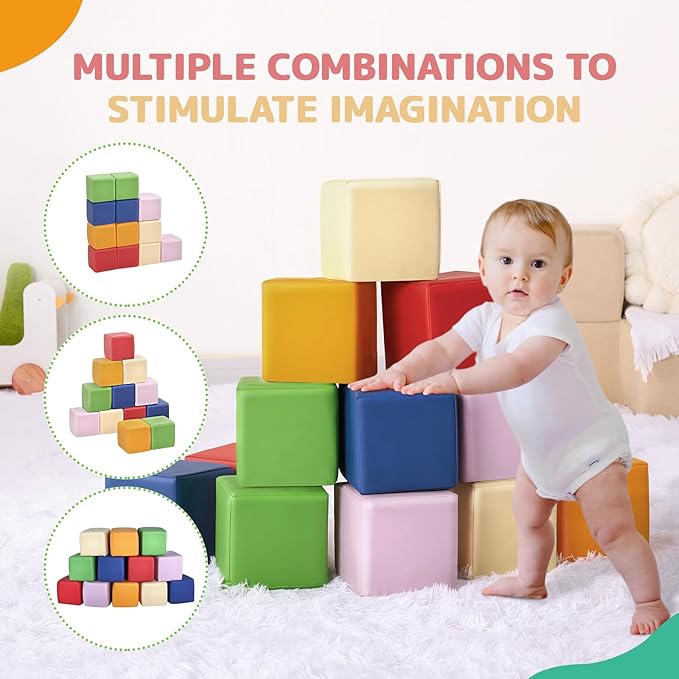 Foam Building Blocks for Kids: 12-Pieces PU Leather Colorful Foam Blocks - Building Toys for Toddler - Giant Stacking Blocks Toys - Soft Indoor Playset for Birthday Gift Preschool Learning (Classic)