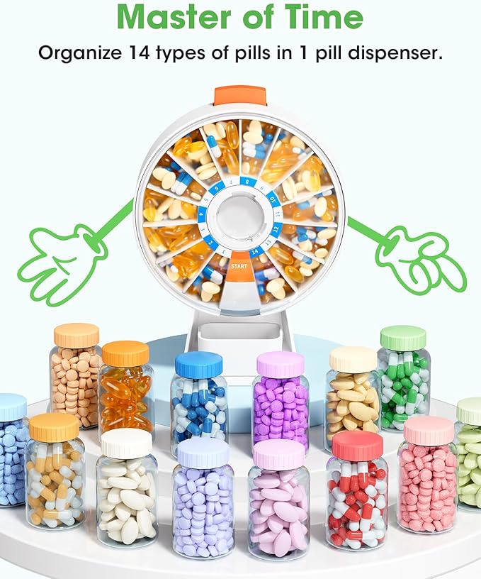 Daviky Pill Dispenser Daily, Large Pill Organizer with Wall-Mounted or Standing Use, 14 Days Pill Box, Push Button Design, Weekly Pill Organizer for Vitamin, Medicine.Supplement, Fish Oil