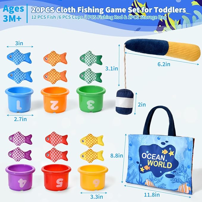 Montessori Toys for 1 Year Old,20PCS Baby's Sensory Toy First Fishing Toy Set for 1-3 Boy Girl Birthday Gift,Educational Learning Toys Stacking Cups Number Counting, Color Sorting for 12-18 Month Baby