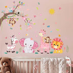 Pink Forest Baby Animals Wall Decals - Elephant Lion Giraffe Monkey Zebra Wall Stickers - Nursery Kids Girls Boys Room Daycare Playroom Classroom Wall Decor