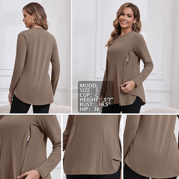 GINKANA Women's Nursing Shirts Long Sleeve 3 Packs Hidden Zipper Breastfeeding Pumping Tops Side Split Maternity Clothes