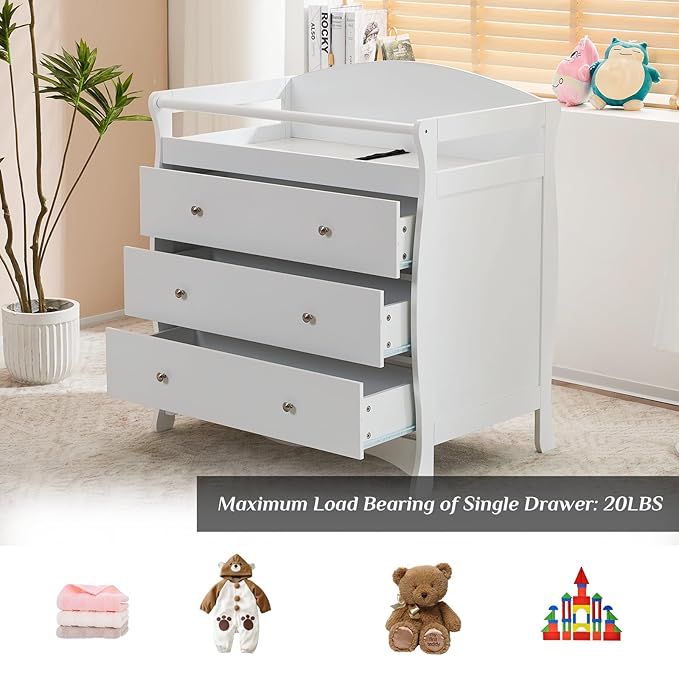 Karl home Changing Table Dresser Baby Diaper Changing Station Infant Nursing Table with 3 Drawers, Safety Rail & Strap for Bedroom, Nursery, White