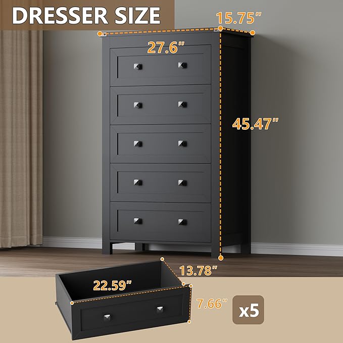 Tall 5-Drawer Dresser, Modern Wooden Storage Chest of Drawers, Dresser TV Stand, Wood Drawer Organizer with Metal Handles for Bedroom, Living Room, Hallway